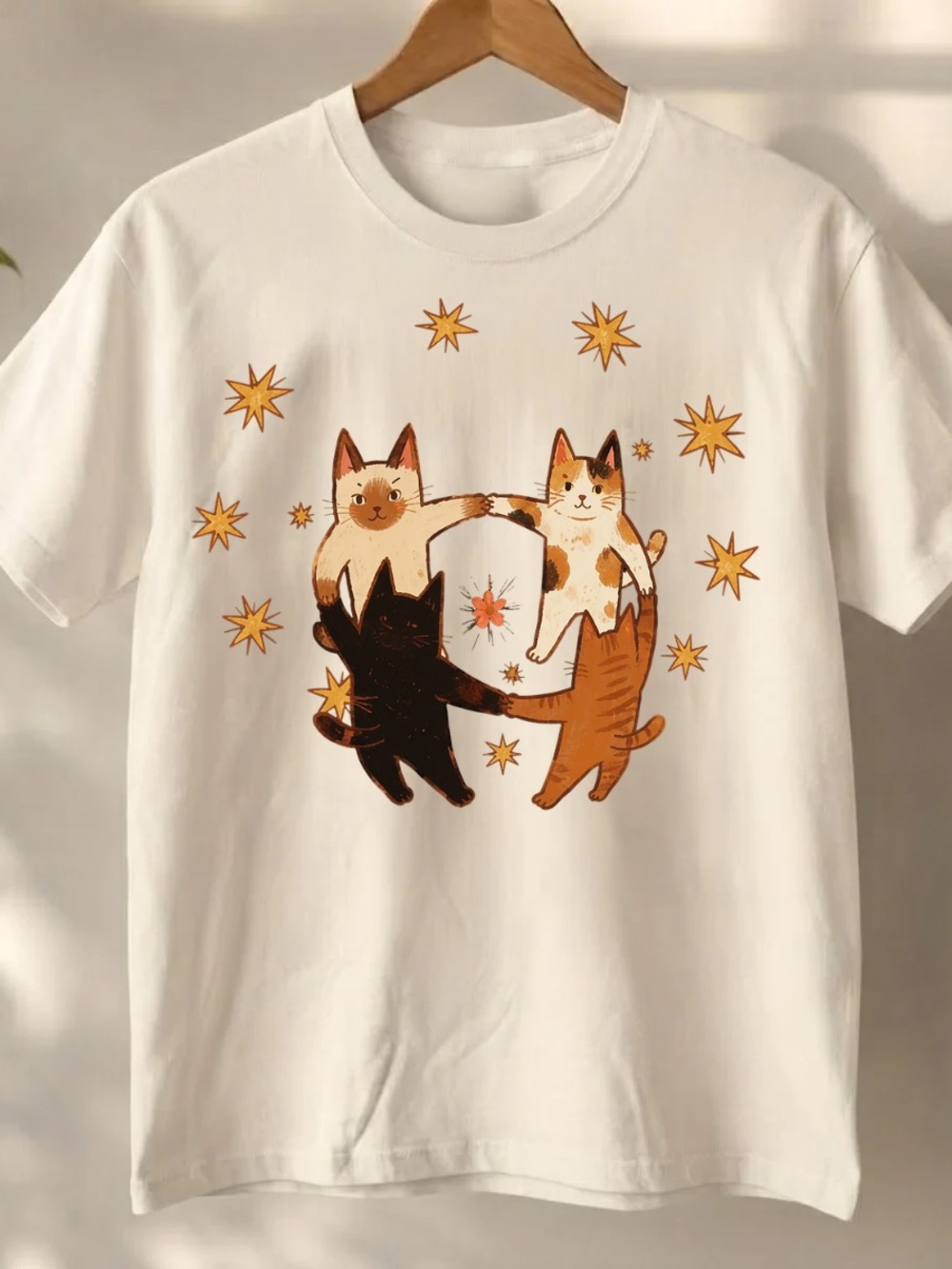 Off-White Tee with Orange, Black & Cream Cat Trio Graphic